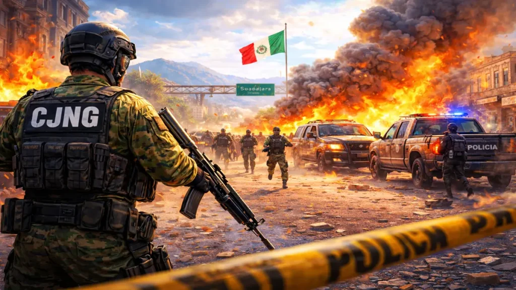 Ilustrasi konflik keamanan di Meksiko terkait aktivitas kartel CJNG dengan warna lebih cerah