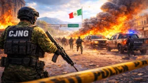 Ilustrasi konflik keamanan di Meksiko terkait aktivitas kartel CJNG dengan warna lebih cerah