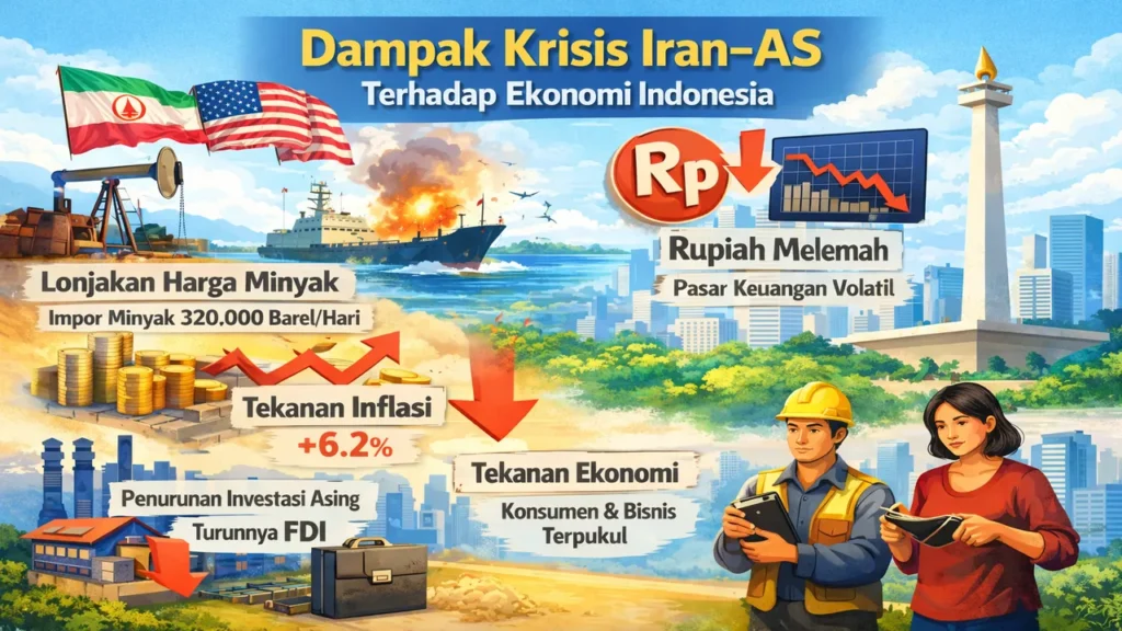 Ilustrasi dampak krisis Iran AS terhadap ekonomi Indonesia dengan lonjakan harga minyak, pelemahan rupiah, dan tekanan pada investasi