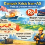 Ilustrasi dampak krisis Iran AS terhadap ekonomi Indonesia dengan lonjakan harga minyak, pelemahan rupiah, dan tekanan pada investasi