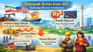 Ilustrasi dampak krisis Iran AS terhadap ekonomi Indonesia dengan lonjakan harga minyak, pelemahan rupiah, dan tekanan pada investasi