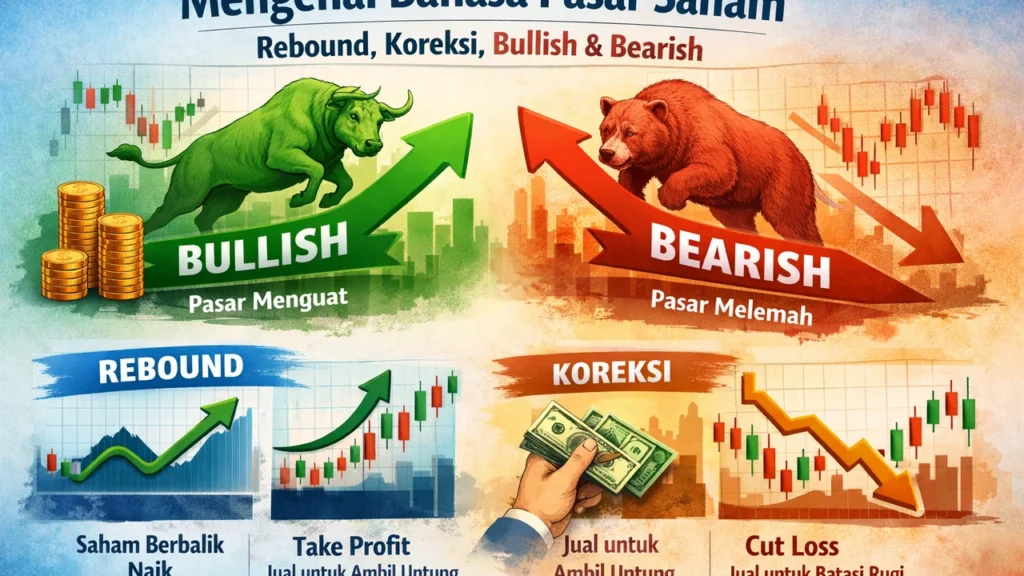 Ilustrasi istilah pasar saham seperti bullish, bearish, rebound, dan koreksi pada grafik IHSG untuk investor pemula di Indonesia