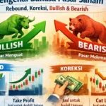 Ilustrasi istilah pasar saham seperti bullish, bearish, rebound, dan koreksi pada grafik IHSG untuk investor pemula di Indonesia