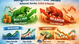 Ilustrasi istilah pasar saham seperti bullish, bearish, rebound, dan koreksi pada grafik IHSG untuk investor pemula di Indonesia