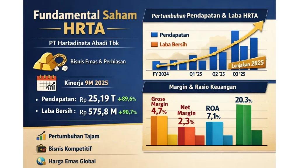 Ilustrasi fundamental saham HRTA PT Hartadinata Abadi Tbk dengan grafik pertumbuhan pendapatan dan laba 2025 serta diagram margin dan rasio keuangan