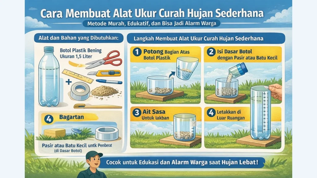 Infografik peringatan dini hujan berbasis warga Kota Mataram dengan ambang curah hujan per jam dan status kewaspadaan banjir