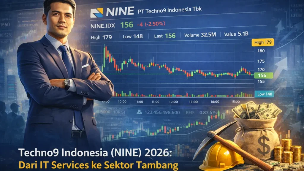 Ilustrasi transformasi PT Techno9 Indonesia Tbk dari bisnis IT ke sektor tambang dengan latar grafik saham NINE