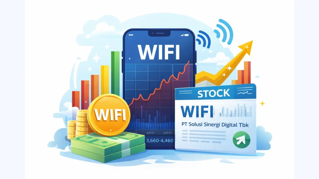 Ilustrasi pergerakan saham WIFI PT Solusi Sinergi Digital Tbk dengan grafik kenaikan harga dan simbol pertumbuhan investasi digital