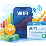 Ilustrasi pergerakan saham WIFI PT Solusi Sinergi Digital Tbk dengan grafik kenaikan harga dan simbol pertumbuhan investasi digital