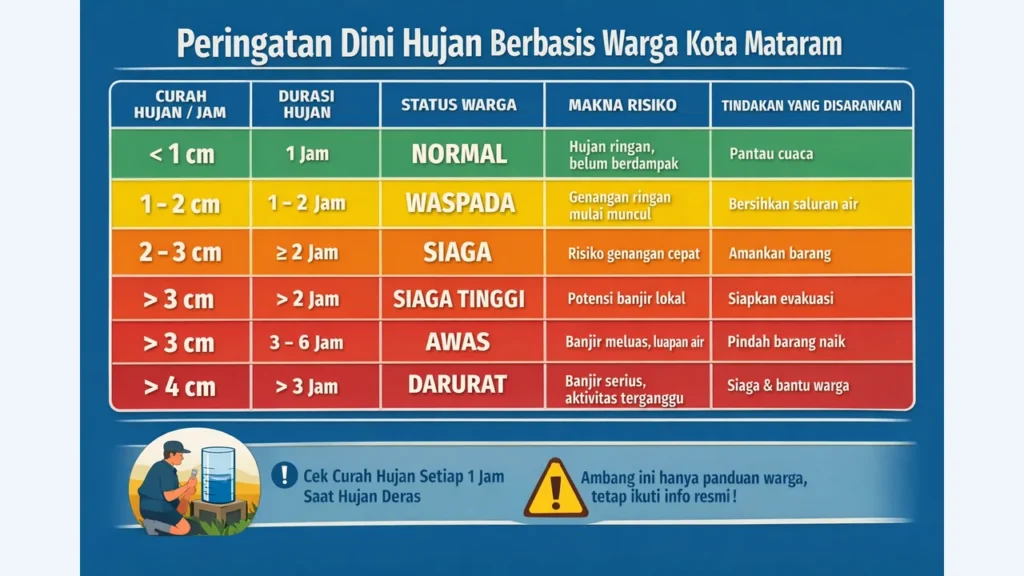 Infografik peringatan dini hujan berbasis warga Kota Mataram dengan ambang curah hujan per jam dan status kewaspadaan banjir
