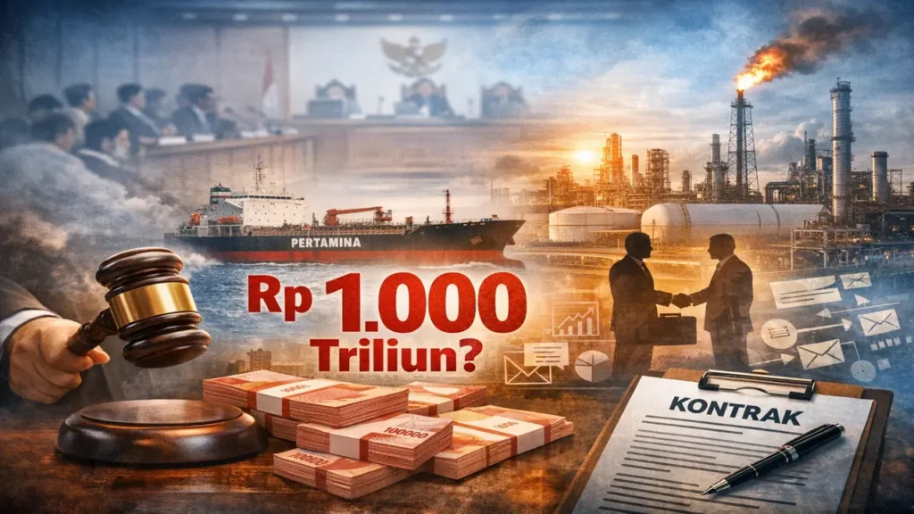 Ilustrasi visual perkara tata kelola migas Pertamina yang menyoroti irisan antara proses hukum, logika bisnis, dan narasi kerugian negara.