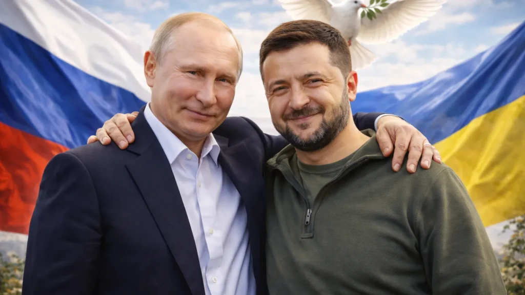 Ilustrasi Putin merangkul bahu Zelensky sebagai simbol perdamaian Rusia Ukraina