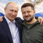 Ilustrasi Putin merangkul bahu Zelensky sebagai simbol perdamaian Rusia Ukraina