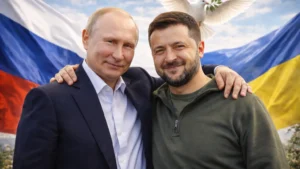 Ilustrasi Putin merangkul bahu Zelensky sebagai simbol perdamaian Rusia Ukraina