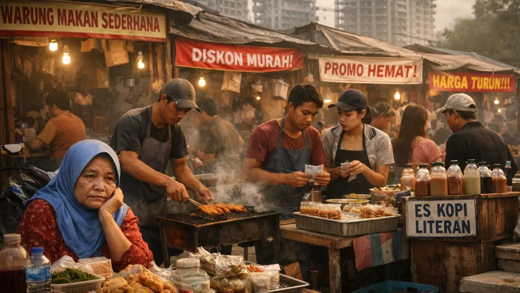 Ilustrasi pedagang UMKM berjualan di pasar kecil menggambarkan persaingan usaha mikro di Mataram