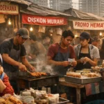 Ilustrasi pedagang UMKM berjualan di pasar kecil menggambarkan persaingan usaha mikro di Mataram