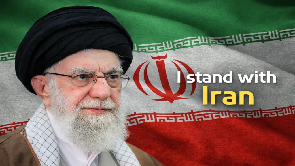 Kronologi Wafatnya Ali Khamenei, Respons Balasan, dan Arah Kekuasaan Baru 1 Potret Ali Khamenei dengan latar belakang bendera Iran dan tulisan I Stand With Iran