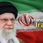 Potret Ali Khamenei dengan latar belakang bendera Iran dan tulisan I Stand With Iran