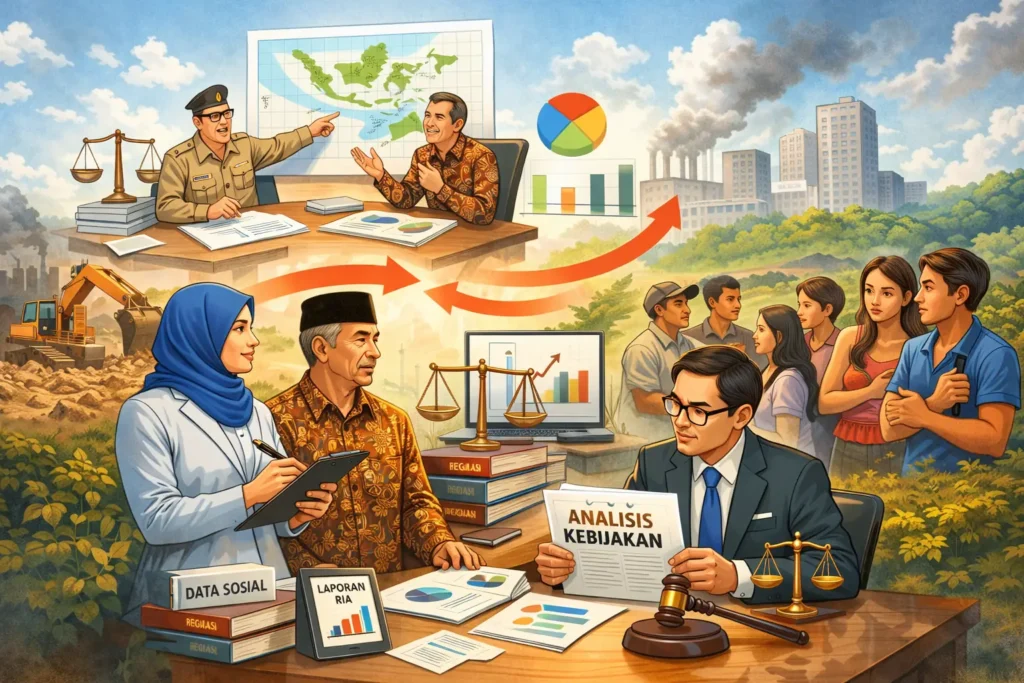 Analisis kebijakan publik yang melibatkan sosiolog, ahli hukum, dan data sosial untuk merumuskan kebijakan pembangunan daerah.