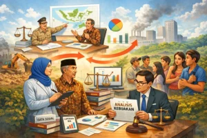 Analisis kebijakan publik yang melibatkan sosiolog, ahli hukum, dan data sosial untuk merumuskan kebijakan pembangunan daerah.