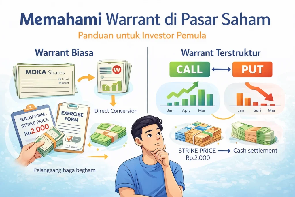 Ilustrasi perbandingan warrant biasa dan waran terstruktur Call dan Put di pasar saham Indonesia untuk investor pemula