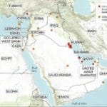 Peta geopolitik kawasan Teluk Persia yang menunjukkan lokasi pangkalan militer Amerika Serikat di Qatar, Bahrain, Kuwait, dan Uni Emirat Arab.