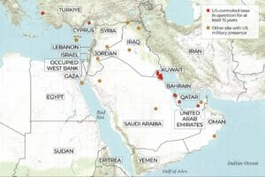 Peta geopolitik kawasan Teluk Persia yang menunjukkan lokasi pangkalan militer Amerika Serikat di Qatar, Bahrain, Kuwait, dan Uni Emirat Arab.