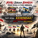 Ilustrasi bertema Nyali Sebuah Bangsa menampilkan Iran, Venezuela, Ukraina, dan Indonesia dengan simbol militer dan bendera nasional, menekankan bahwa keberanian lebih penting daripada senjata.
