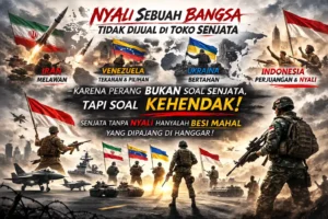 Ilustrasi bertema Nyali Sebuah Bangsa menampilkan Iran, Venezuela, Ukraina, dan Indonesia dengan simbol militer dan bendera nasional, menekankan bahwa keberanian lebih penting daripada senjata.