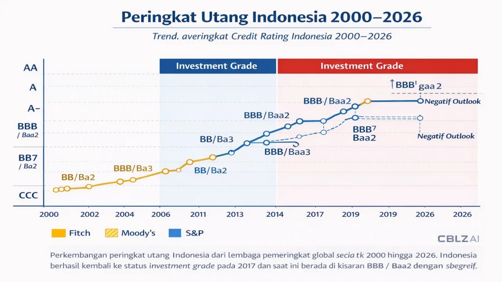Grafik peringkat utang Indonesia dari Fitch Moody’s dan S&P 2026