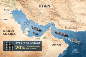 Peta kawasan Teluk dan Selat Hormuz yang menjadi jalur utama perdagangan energi global